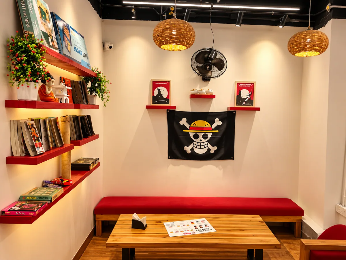 Cosy corner at SATO Gandhinagar with manga shelves, an anime pirate flag and a low bench table