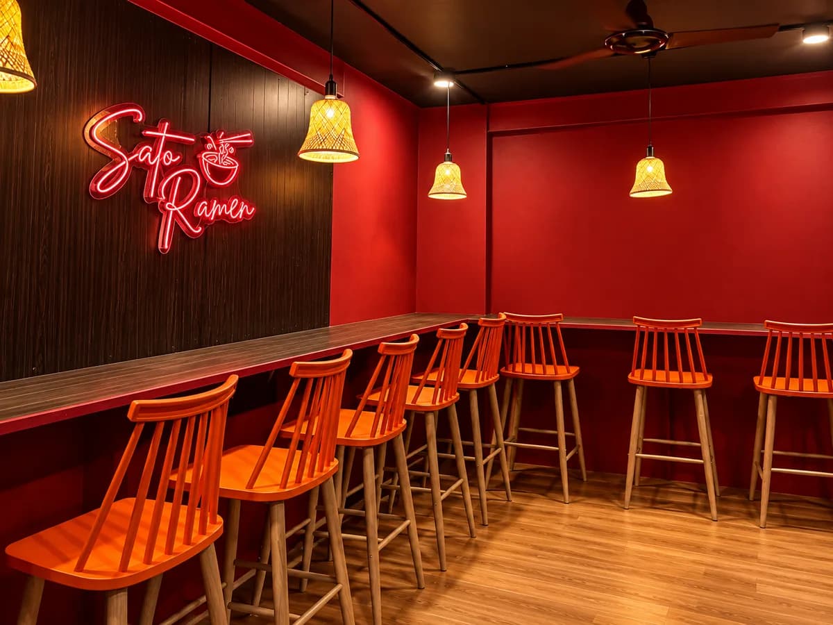 Red-walled SATO Vijay Char Rasta with a bar counter, orange stools and a neon Sato Ramen sign