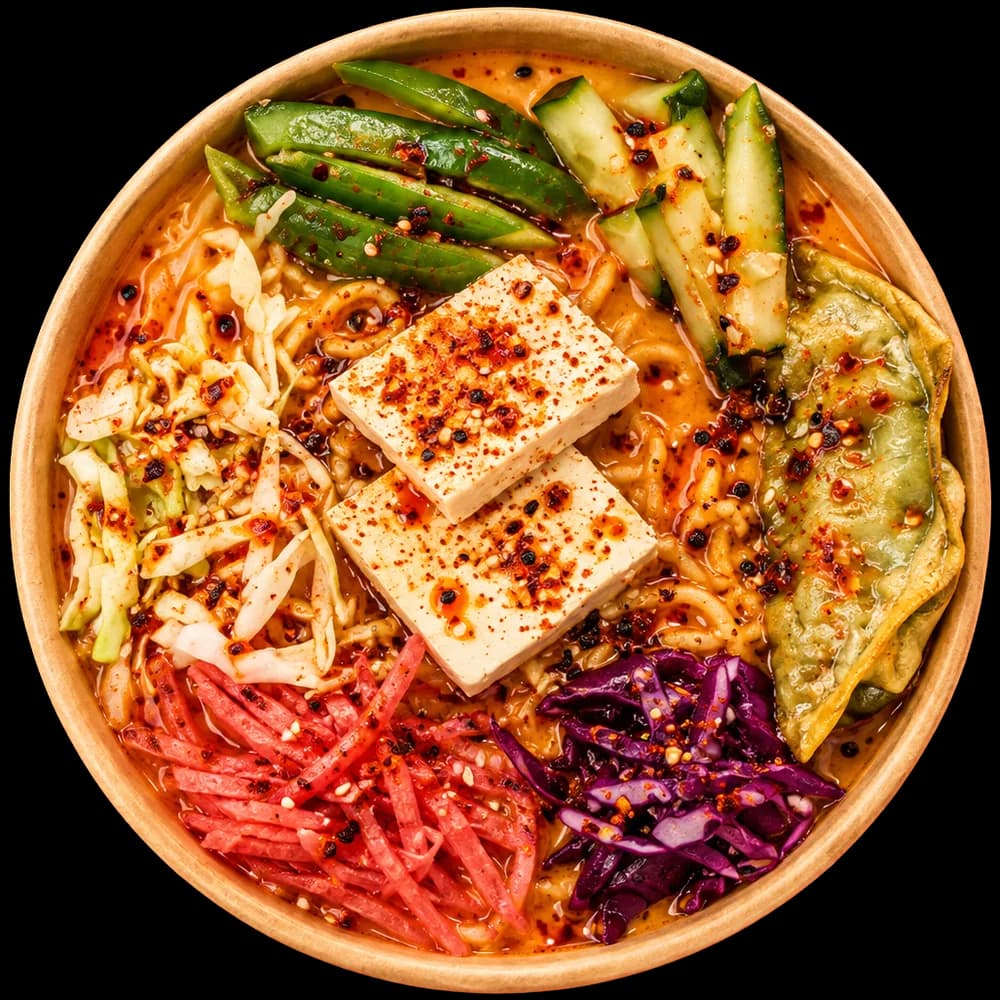 Top-down bowl of ramen with chilli-dusted tofu slabs and a dumpling