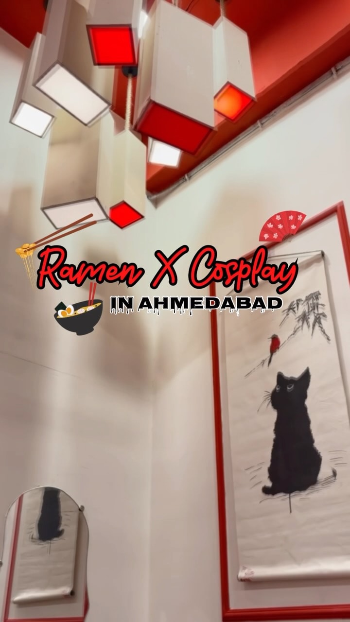 Red-and-white SATO interior with paper lanterns, titled Ramen X Cosplay in Ahmedabad